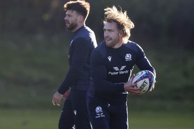 Stuart Hogg, right, and Ali Price during a Scotland training session yesterday at the Oriam in Edinburgh (Photo by Craig Williamson/SNS Group/SRU)