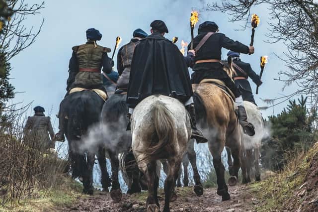 Torch-bearing horse-riders leave the scene of a raid in the Rule Valley in a dramatic re-enactment of the burning of the Twelve Towers of Rule in 1548. Borders ace stunt riding team, Les Amis D’Onno, were filmed by Galashiels-based Phoenix Photography to make a short film to publicise the Twelve Towers project. Although Covid restrictions meant that filming was not allowed in Mary Queen of Scots’ house in Jedburgh, well-known Scott’s Selkirk re-enactors of Sir Walter Scott’s court cases John Nichol and Kenneth Gunn stepped in to provide context and atmosphere – all accompanied by the wild sounds of Matt Seattle’s Border Pipes.