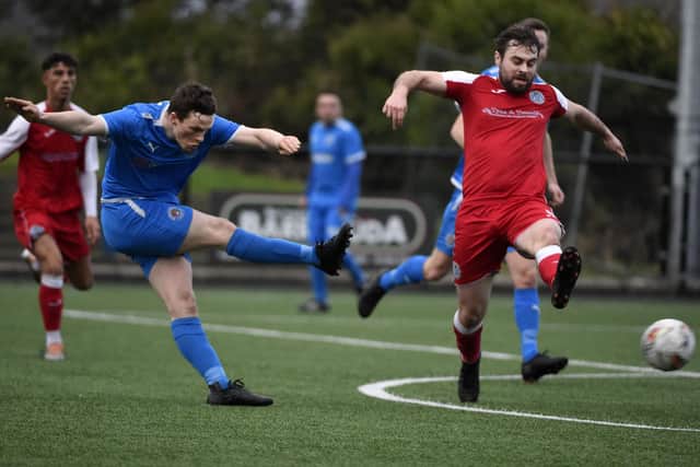Bo'ness Athletic getting a shot away against Coldstream at Newtown Park on Saturday (Photo: Alan Murray)