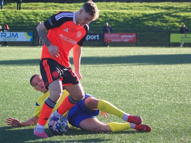 Lennon Connolly on the ball for Gala Fairydean Rovers during their 5-1 win away to Dunipace at Westfield Park on Saturday (Photo: Gala Fairydean Rovers)