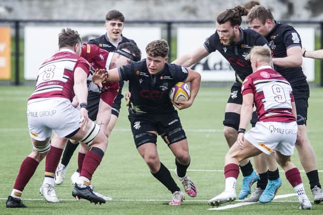 Back-row player Wallace Nelson on the charge for Southern Knights against Watsonians, supported by Harry Borthwick, on Saturday (Photo: Bill McBurnie)