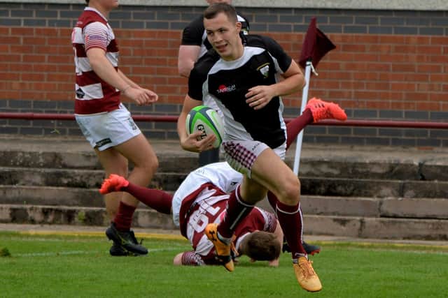 Fergus Johnston just about to touch down for Gala against Watsonians at Netherdale on Saturday (Photo: Alwyn Johnston)