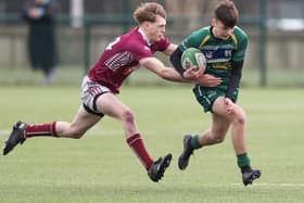 Greig Cartner on the ball during Hawick Youth's 38-21 Borders semi-junior rugby league win at home to Gala Wanderers at Volunteer Park on Saturday (Photo: Brian Sutherland)