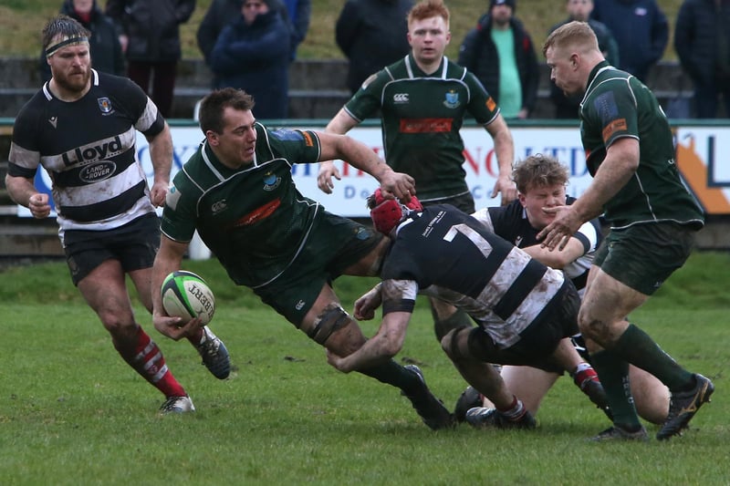 Dalton Redpath being tackled by Murray Woodcock during Hawick's 25-9 win against Kelso at home at Mansfield Park on Saturday in this year's Scottish Premiership semi-final play-offs (Photo: Steve Cox)