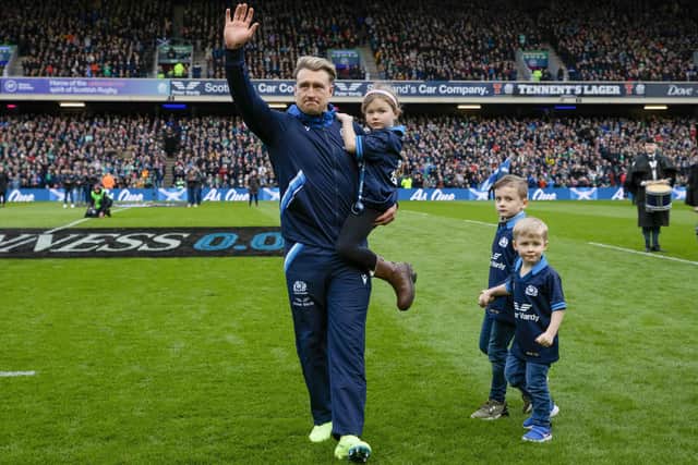 Scotland full-back Stuart Hogg with daughter Olivia and sons Archie and George ahead of his 100th international appearance against Ireland at Edinburgh's Murrayfield Stadium on Sunday, March 12 (Photo by Craig Williamson/SNS Group/SRU)