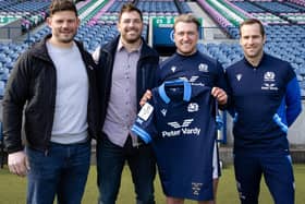Stuart Hogg, second from right, being presented with a special match-day jersey to mark his 100th Scotland cap by fellow centurions, from left, Ross Ford, Sean Lamont and Chris Paterson at Edinburgh's Murrayfield Stadium (Pic: Craig Williamson/SNS Group/SRU)