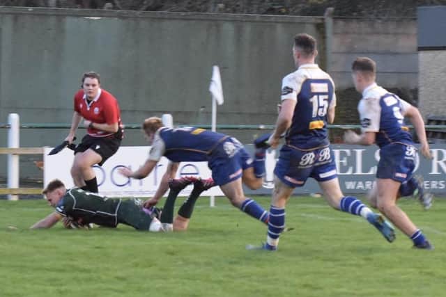 Winger Lewis Ferguson scoring Hawick’s second try during Saturday’s victory over Jed-Forest (Pics by Malcolm Grant)