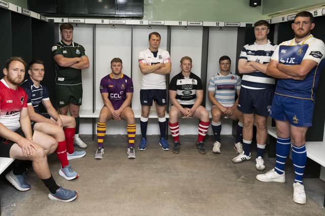 Representatives of the Scottish Premiership's ten rugby clubs at this season's launch at Hawick's Mansfield Park on Friday, August 18, including Hawick's Andrew Mitchell, third from left; Selkirk's Scott McClymont, fifth; Kelso's Frankie Robson, sixth; and Jed-Forest's Clark Skeldon, far right (Photo by Paul Devlin/SNS Group/SRU)