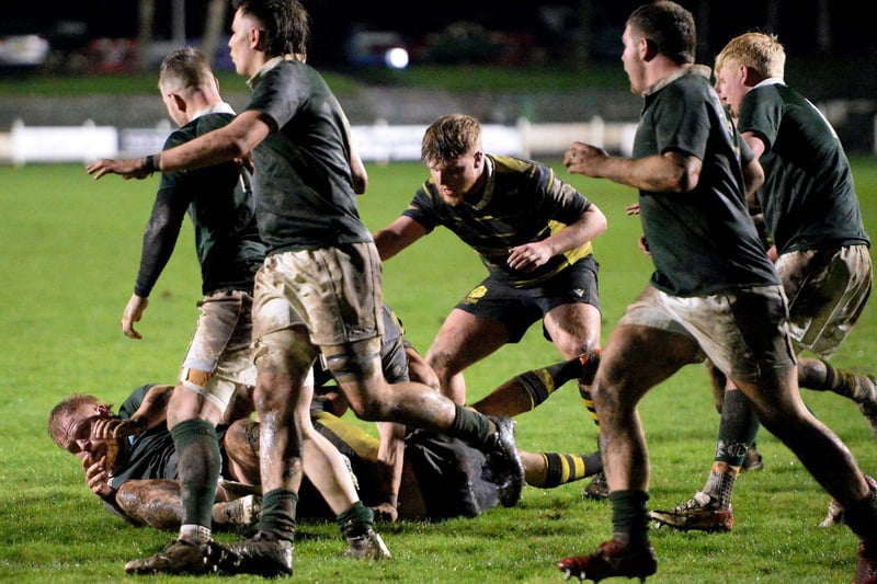 Gareth Welsh being grounded during Hawick's 20-7 Border League win at home to Melrose on Friday (Photo: Alwyn Johnston)