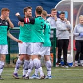 Marc Berry celebrates with team-mates after firing Gala Fairydean Rovers ahead (Pics by Thomas Brown)