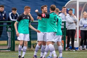 Marc Berry celebrates with team-mates after firing Gala Fairydean Rovers ahead (Pics by Thomas Brown)