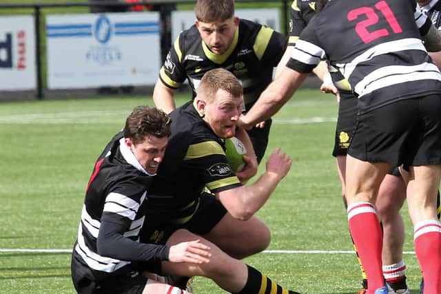 Melrose's Calum Crookshanks, supported by Richard Ferguson, being tackled by Kelso (Photo: Douglas Hardie)