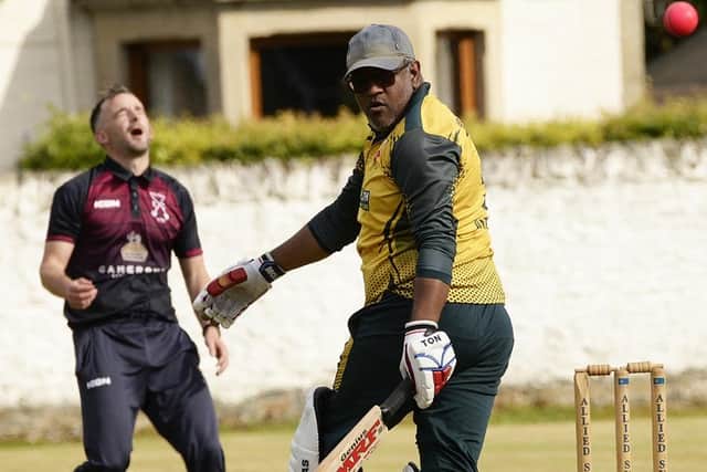 Rory Banks bowling for Selkirk during their two-wicket loss at home to Tranent and Preston Village seconds on Saturday (Photo: John Smail)