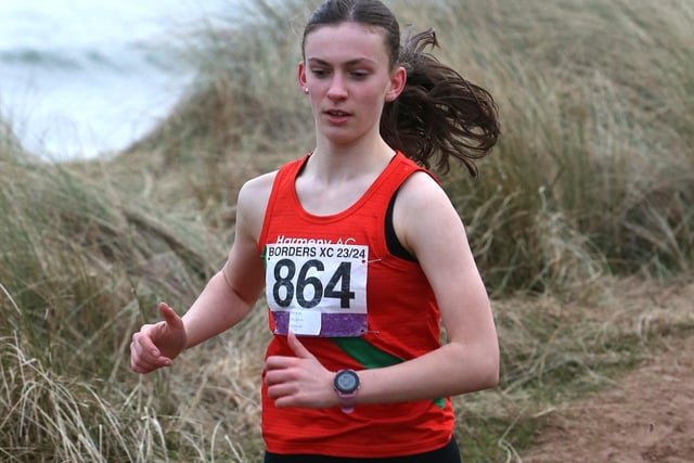 Nancy Corrie taking part in Sunday's junior Borders Cross-Country Series race at Dunbar