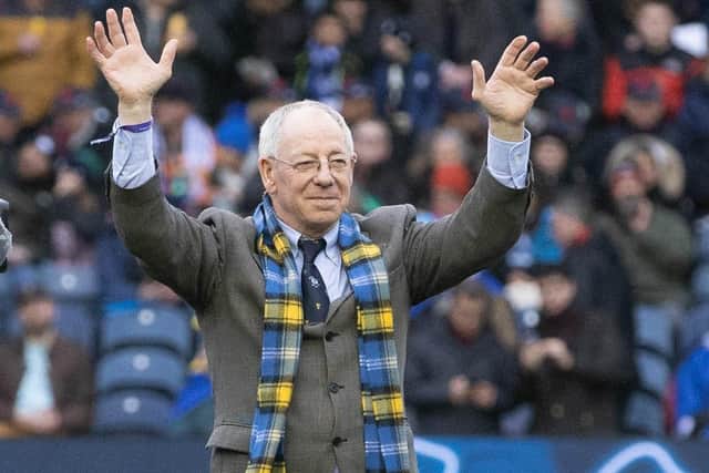 Roy Laidlaw acknowledging Scotland fans while handing over the match-ball, with John Rutherford, for Saturday's Six Nations game against France at Edinburgh's Murrayfield Stadium (Photo by Craig Williamson/SNS Group/SRU)