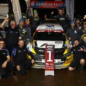 Duns driver Garry Pearson, co-driver Hannah McKillop and their back-up crew celebrating after winning Saturday's Cambrian Rally (Photo: JEP/British Rally Championship)