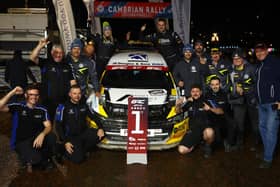 Duns driver Garry Pearson, co-driver Hannah McKillop and their back-up crew celebrating after winning Saturday's Cambrian Rally (Photo: JEP/British Rally Championship)