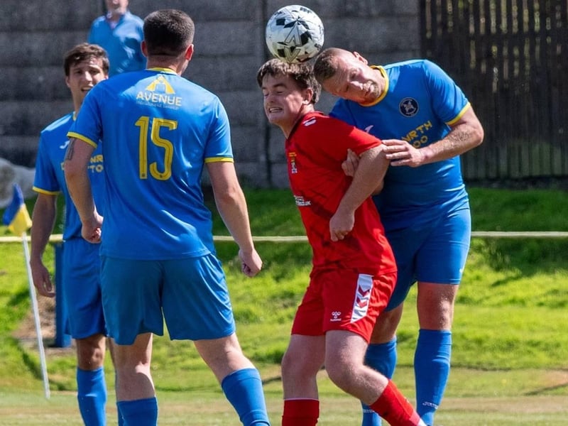 Craig Bell contesting an aerial ball for Coldstream during their 0-0 draw away to Crossgates Primrose in East of Scotland Football League division one on Saturday (Photo: Paul Johnston/PJ Football Photography)