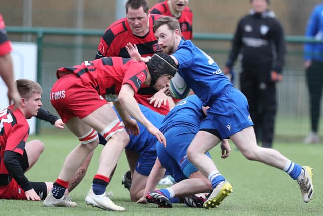 Sean Tipping in possession during Hawick Linden's  38-14 win at home to Duns at the town's Volunteer Park on Saturday in round one of Scottish rugby's national shield (Photo: Brian Sutherland)