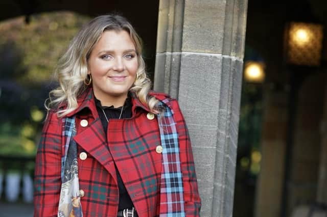 Taylor in her tartan oufit, and oar, for her Dressed to Kilt catwalk. Photo: Philip Ferrera.