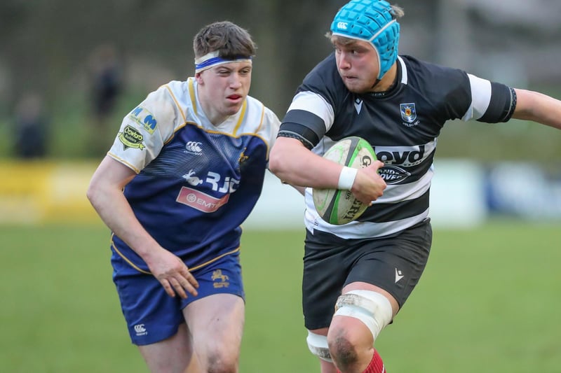 Cammy Thompson in possession during Kelso's 48-12 win at Jed-Forest's Riverside Park on Saturday in rugby's Scottish Premiership (Photo: Brian Sutherland)