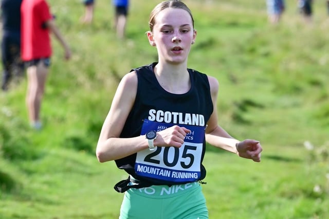 Gala Harrier Ava Richardson running for East Scotland's under-17s at Sunday's home countries hill-running junior international at Cademuir Hill, near Peebles, clocking 18:56