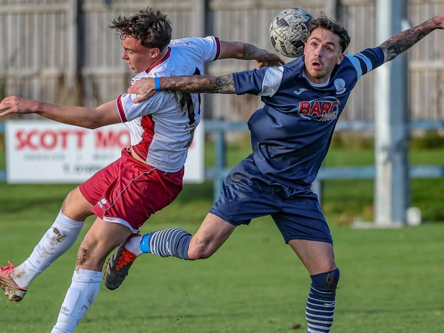 Callum Mitchell contesting an aerial ball for Vale of Leithen during their 3-2 loss at home to Tynecastle at Victoria Park in Innerleithen on Saturday (Photo: Hilary Isaac)