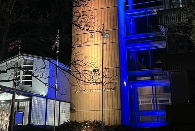 The council HQ was lit up in the colours of the Ukrainian flag on Friday night. Photo: Bill McBurnie.