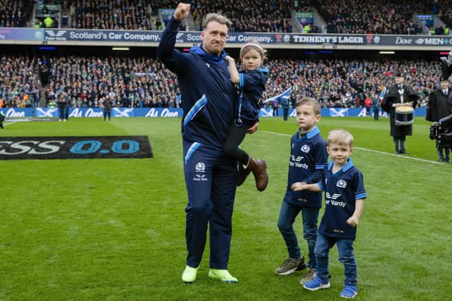 Exeter Chiefs full-back Stuart Hogg with daughter Olivia and sons Archie and George ahead of Scotland's 22-7 Six Nations loss to Ireland at Edinburgh's Murrayfield Stadium on Sunday (Photo by Craig Williamson/SNS Group/SRU)