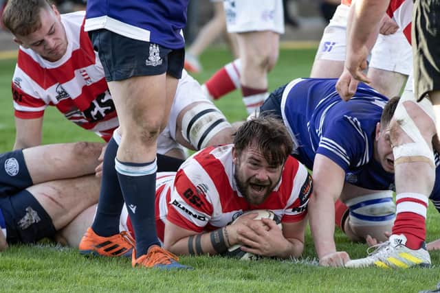 South of Scotland captain Shawn Muir scoring a try against Edinburgh at Netherdale in Galashiels in rugby's first Scottish inter-district championship for 21 years (Photo: Brian Sutherland)