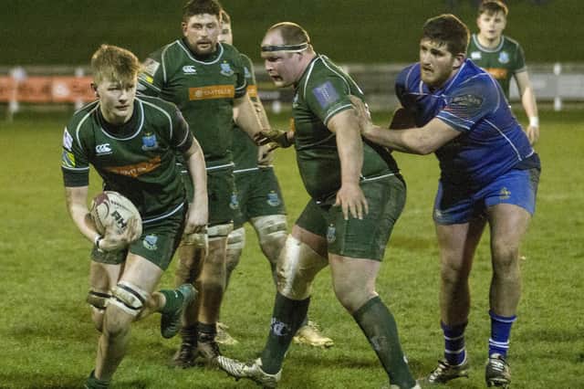 Tom Huggan making his debut for Hawick during their 53-12 Skelly Cup victory against Jed-Forest in February (Photo: Bill McBurnie)