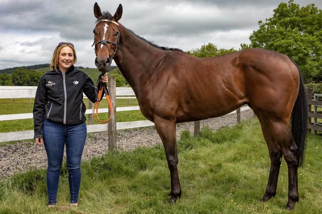 Racehorse trainer Katie Scott with her Hamilton Park winner Thaki at her Lindean stables near Selkirk (Pic: Brian Sutherland)