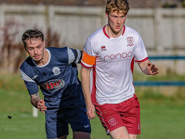 Callum Mitchell in action for Vale of Leithen during their 3-2 loss at home to Tynecastle at Victoria Park in Innerleithen on Saturday (Photo: Hilary Isaac)