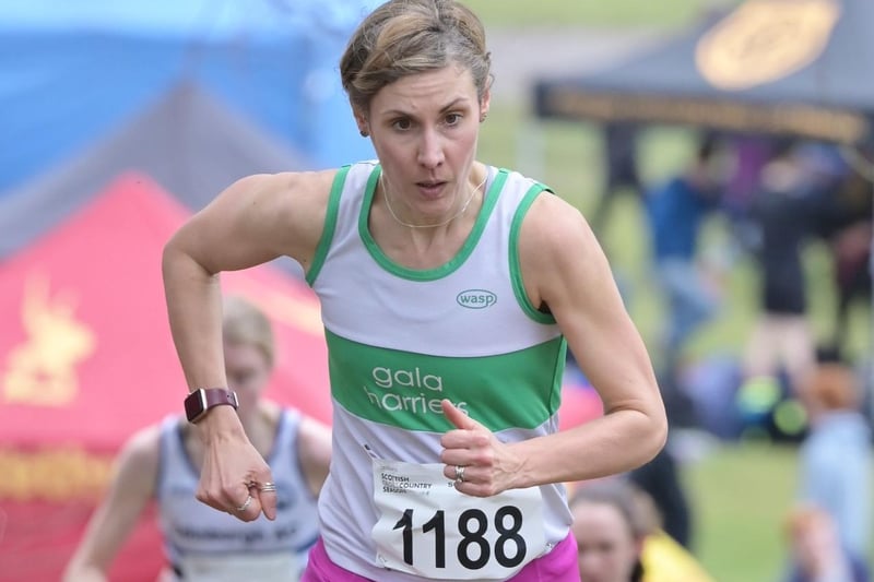 Gala Harrier Sara Green was first female finisher over 40 in 39:17 at 2024's Scottish cross-country championships at Falkirk on Saturday