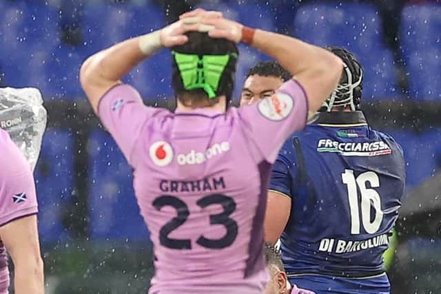 Darcy Graham, pictured after Scotland’s 18-15 loss away to Italy at the weekend at Stadio Olimpico in Rome, has been given his country’s No 23 shirt again for their game at home to England this Saturday in Edinburgh (Photo by Warren Little/Getty Images)