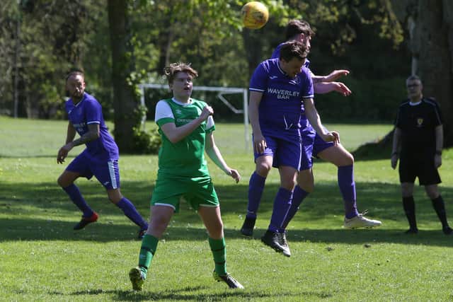 Hawick Waverley and Chirnside United challenging for an aerial ball on Saturday (Pic: Steve Cox)