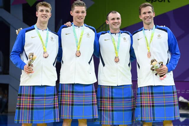 The men's 4x100m medley relay team that finished third in the final - Craig McNally, Ross Murdoch, Duncan Scott and Evan Jones - at Sandwell Aquatics Centre in Smethwickin Birmingham (Photo by Quinn Rooney/Getty Images)