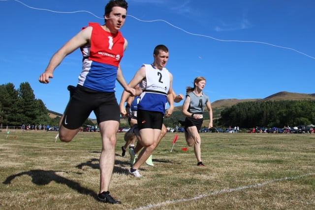 From left, Gordon Armstrong, Tommy Beck and Brodie Cowan on the run at Morebattle Border Games