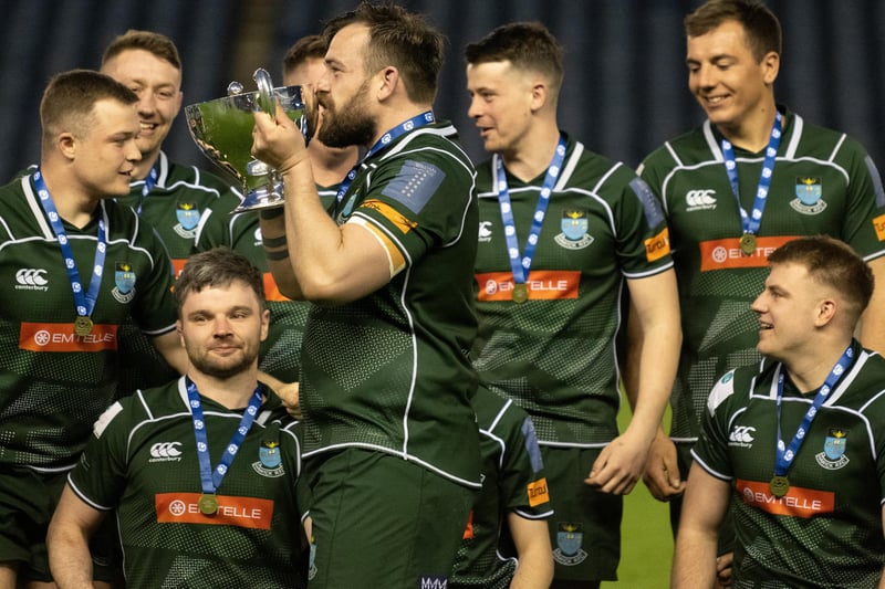 Hawick captain Shawn Muir celebrating after the Greens' 32-29 Scottish cup final win against Edinburgh Academical at the capital's Murrayfield Stadium on Saturday (Photo: Paul Devlin/SNS Group/SRU)