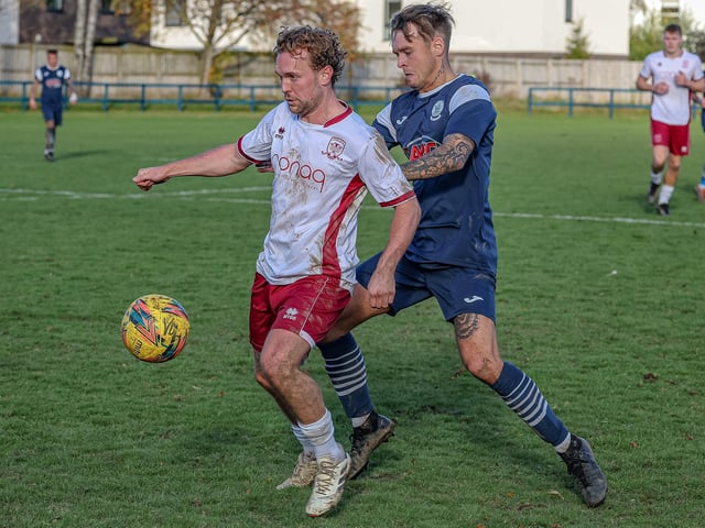 Nathan Masson making a challenge for Vale of Leithen during their 3-2 loss at home to Tynecastle at Victoria Park in Innerleithen on Saturday (Photo: Hilary Isaac)