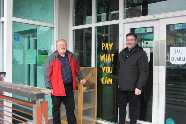 Councillor Robin Tatler (left) with Warm and Well Advisor Matt Rorison outside Café Recharge in Galashiels, where Matt holds drop-in sessions on Wednesdays between 10am-3pm.