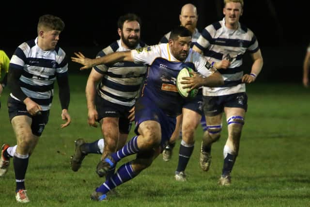 Dom Buckley on the ball for Jed-Forest during their 29-25 defeat at home to Heriot's Blues at Jedburgh's Riverside Park on Saturday (Photo: Steve Cox)