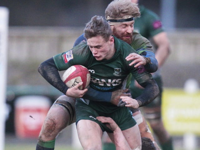Darcy Graham being tackled by Craig Keddie while playing for Hawick at home to Boroughmuir in the premiership in January 2018 (Photo: SNS Group/SRU/Graham Stuart)