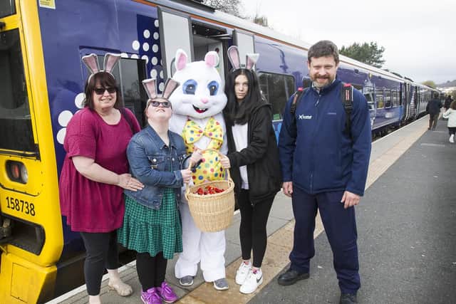 Nicola and Lucy Corbett, Easter Bunny (Judith Cleghorn ) Olivia Davidson and train driver Nacieg Centkowski at Tweedbank. (Photo: Bill McBurnie)