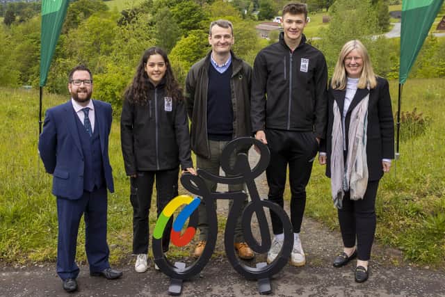 Gathered for Monday's announcement at Glentress Forest are Galashiels councillor, rider Elena McGorum, Forestry and Land Scotland regional manager John Dougan, mountain biker Charlie Aldridge and Trudy Lindblade, chief executive officer of the 2023 UCI Cycling World Championships (Photo: Jeff Holmes)