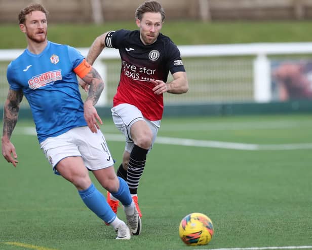 Danny Galbraith and Robbie McNab in action during Gala Fairydean Rovers' 2-1 loss at home at Netherdale to Cowdenbeath on Saturday (Photo: Brian Sutherland)