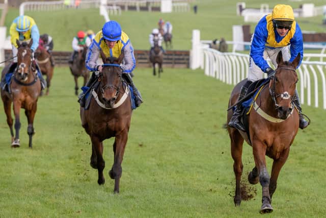 Ryan Mania riding Faithfulflyer, far right, to victory at Kelso on Sunday for Sandy Thomson, ahead of runner-up Barnabas Collins and third-placed Take Centre Stage (Photo: Kelso Races)