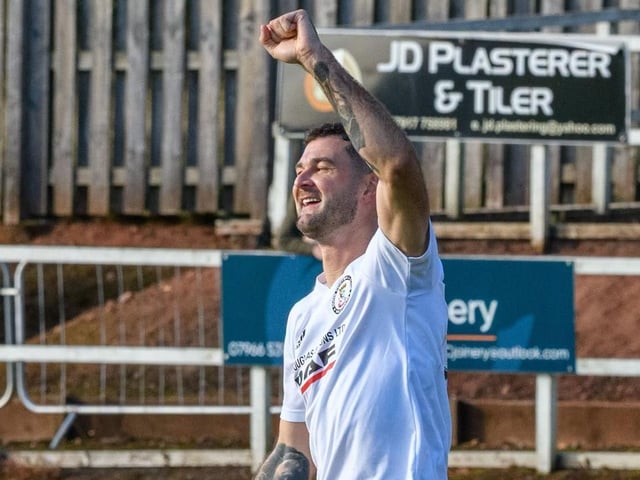 Jordan Yardley celebrating scoring for Duns Amateurs as they beat Hawick United 9-1 at home in round one of this football season’s Waddell Cup on Saturday (Photo: Alan Raeburn)