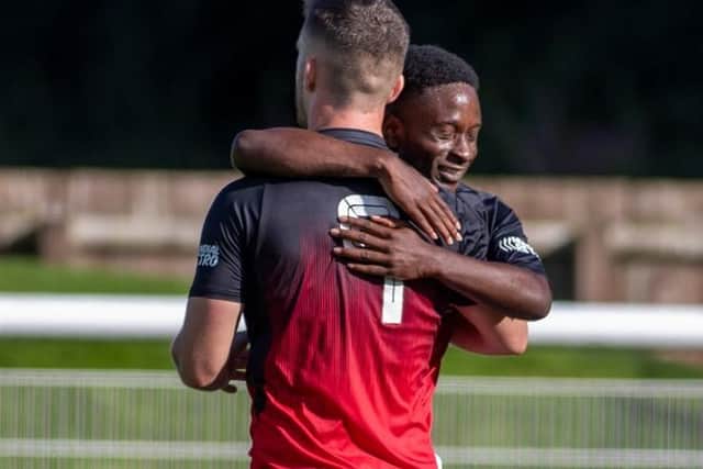 Gala Fairydean Rovers striker Jamie Semple congratulating Gospel Ocholi on his 87th-minute goal against Stirling University to make it 2-0 to the Borderers on Saturday (Photo: Thomas Brown)