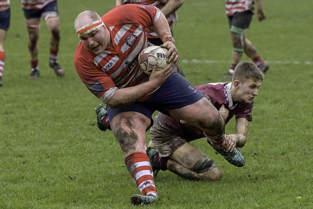 Matt Carryer on the ball for Peebles during their 15-12 loss to Gala at home at the Gytes in the Border League on Saturday (Photo: Stephen Mathison)